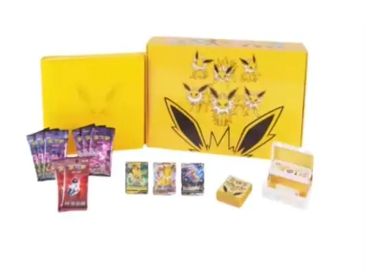 Yellow Jolteon collector presentation with matching album-like component, pictured cards and packs and several small accessories at the lower right