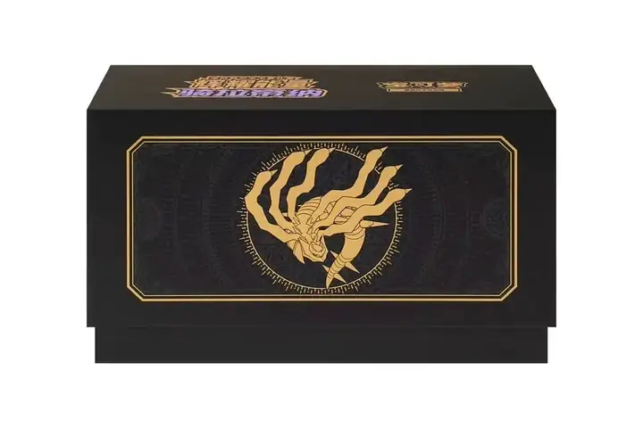 Closed black Giratina gift box with gold character outline in a circular front motif and thin gold border