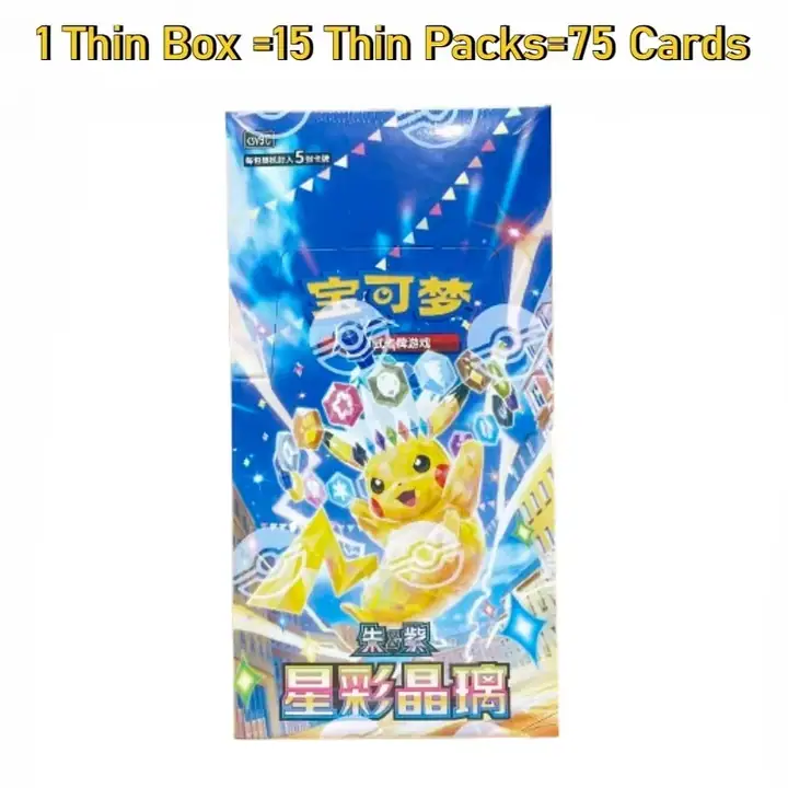 Blue Pikachu 星彩晶璃 package with a 15 Thin Packs and 75 Cards overlay; the listed five-pack unit is unverified