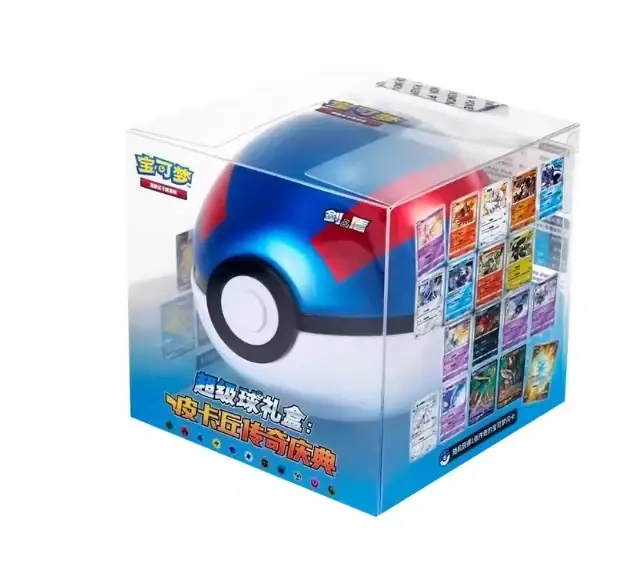 Blue and red Poké Ball-shaped tin with a white lower half inside a clear blue-accented retail package