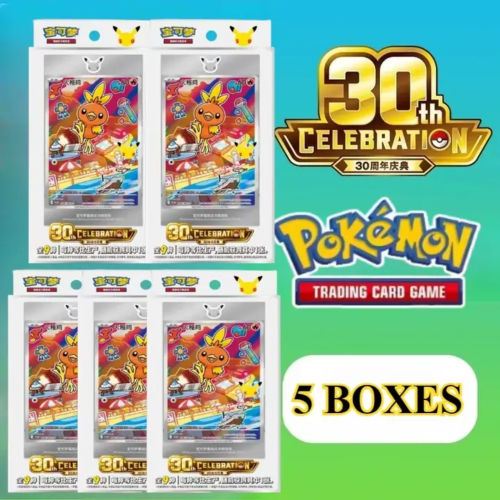 Five Torchic-front anniversary packages in a montage marked 5 BOXES, inconsistent with CN-M063 eight-box display label