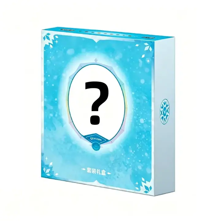 Blue Glaceon-labelled Eevee-family gift box with snowflake motifs and a large question mark, used as a random-design example