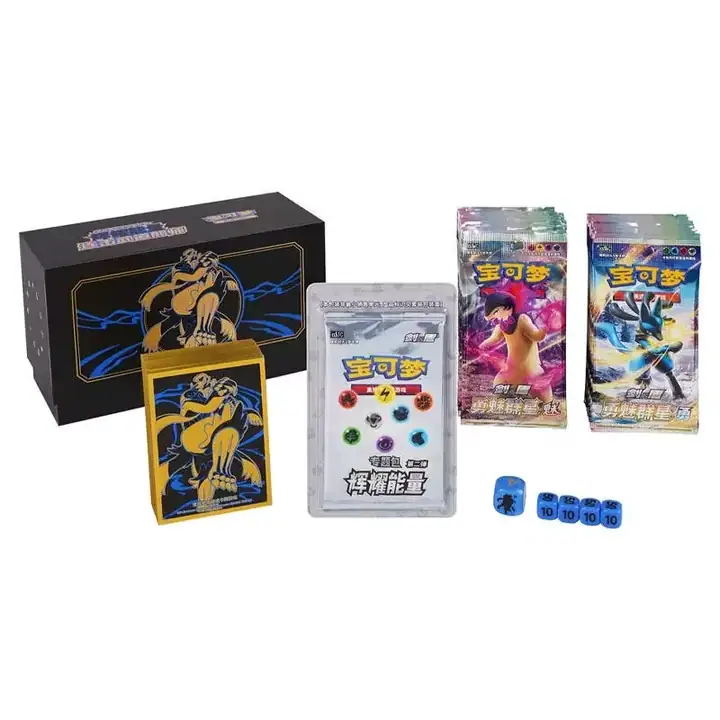 Blue-accented Urshifu black and gold gift box with matching sleeve artwork, blue dice and separate pack illustrations
