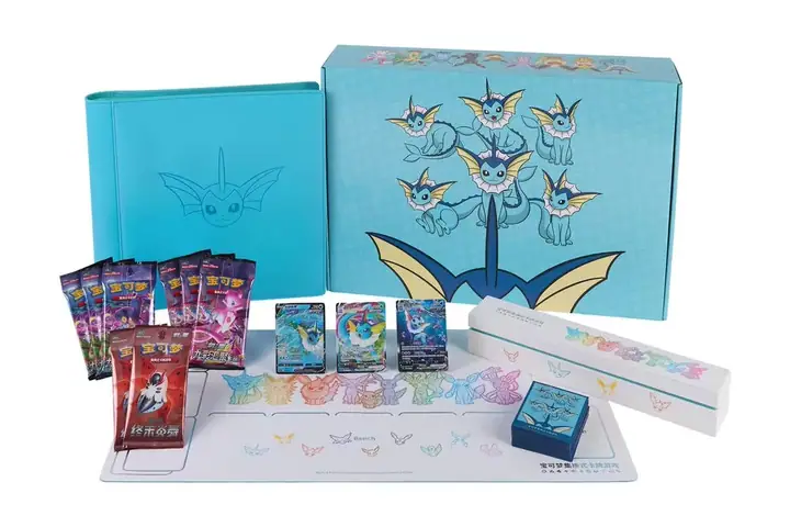 Turquoise Vaporeon collector gift layout with a matching album-like item, small pictured cards and packs and a long illustrated mat-like component