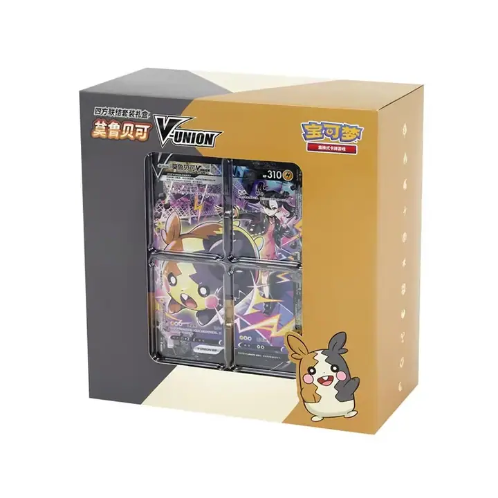 Gold and grey Morpeko V-UNION window box with a four-section card image and small Morpeko character at the lower right