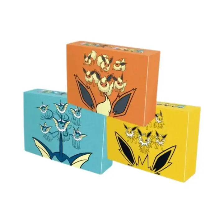 Turquoise Vaporeon, yellow Jolteon and orange Flareon collector presentation boxes grouped together as the three-design catalog reference