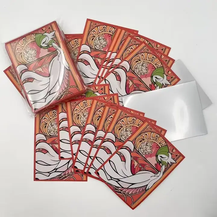 Fan of red-bordered Gardevoir artwork sleeves on a white surface, mismatched to the Mew Card Storage Box catalog name CN-M104