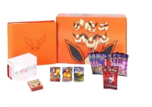 Orange Flareon collector layout with an album-like presentation, pictured cards and packs and a smaller red-and-white box-like item at the left