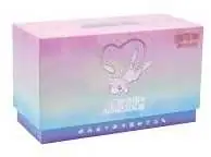 Small pink to blue closed Mew-themed box with pale character line art and unreadable small product lettering