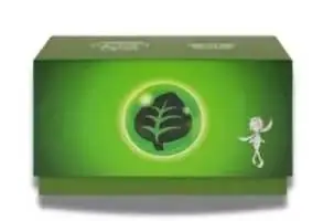 Small green Grass-type gift box with central leaf emblem and a faint white character outline on the right