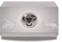 Very small silver-grey Metal-type gift box with a dark central type emblem and faint white character outlines on both sides