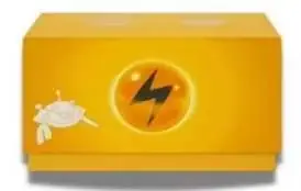 Small yellow Lightning-type gift box with black lightning-bolt emblem in a glowing circle and a white character silhouette at the left