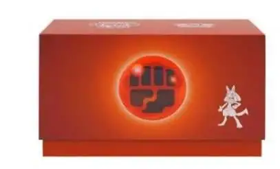Orange-red Fighting-type gift box with a fist emblem in a glowing circle and a white character illustration on the right