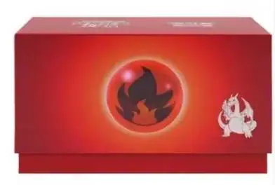 Red Fire-type gift box with a black flame in a glowing circular emblem and a white Charizard outline at the right