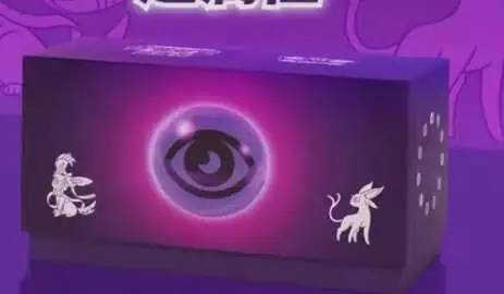 Purple Psychic-type gift box with a dark eye emblem in a glowing circle, white Espeon and Sylveon silhouettes and a taller purple panel behind