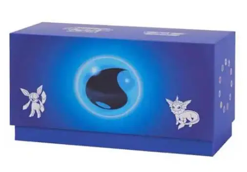 Blue Water-type gift box with a dark water emblem inside a bright ring and white Vaporeon and Glaceon silhouettes on either side